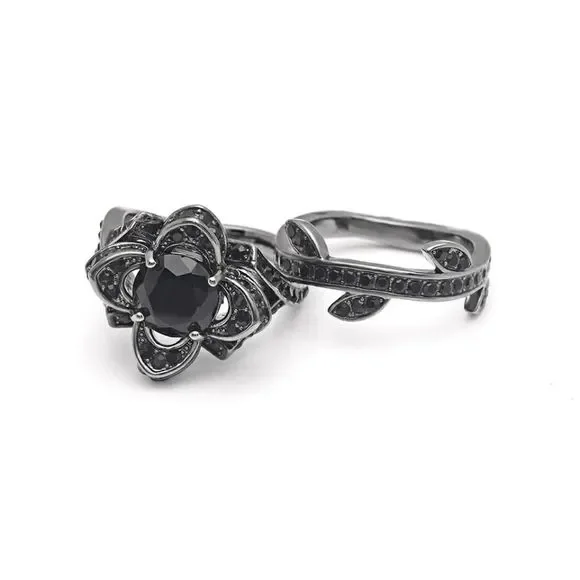 Black stone flower zirconia ring set - Picture 2 of 8